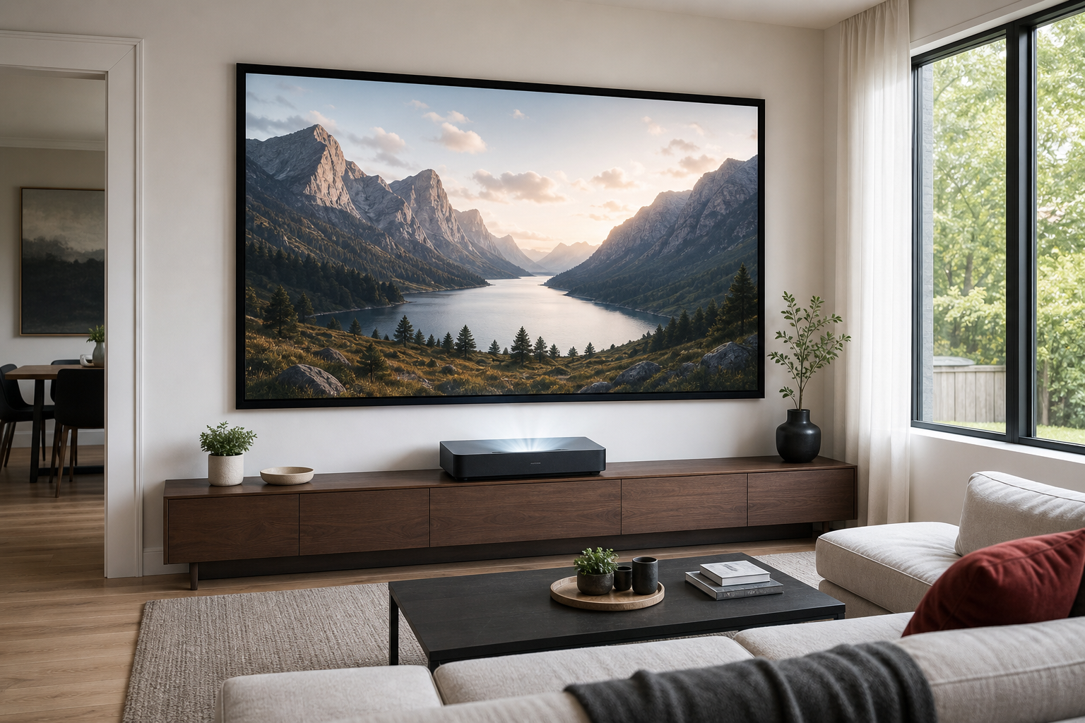 Clean living room with a large projection screen and ultra short throw projector