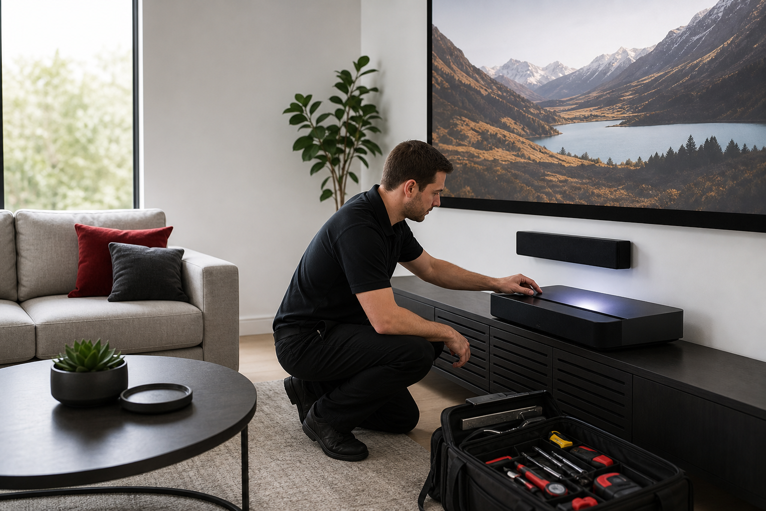 Technician checking an ultra short throw projector in a clean living room